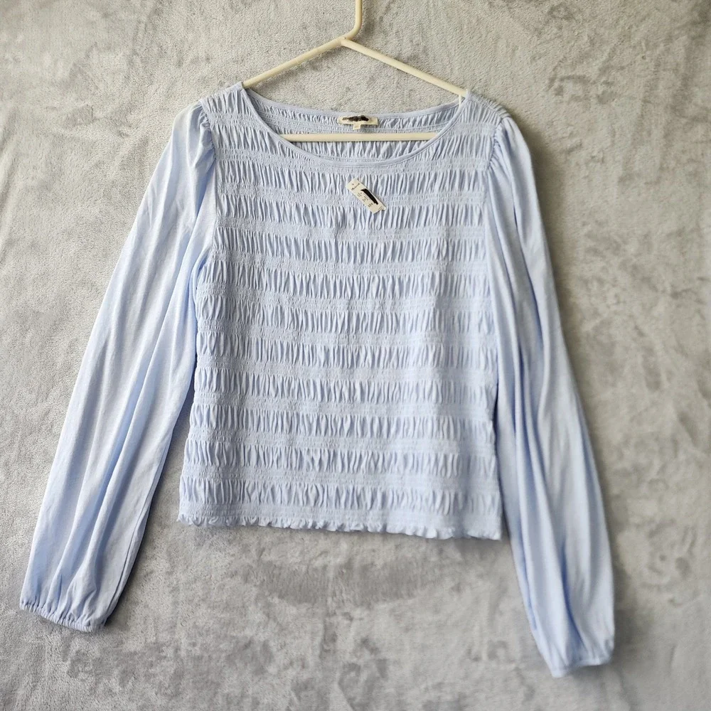 Madewell Top Womens Size XL Smocked Sky Blue Cotton Puff Sleeve Blouse Boatneck